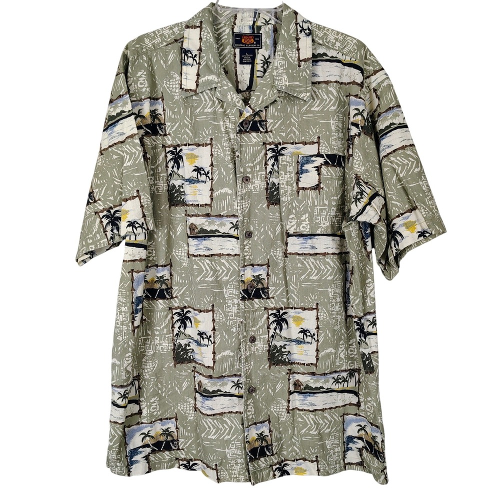 VTG Route 66 L Tropical Palm Tree Button Down Shirt Sage Green Cotton costal